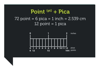 Point

(pt)

+ Pica

72 point = 6 pica = 1 inch = 2.539 cm
12 point = 1 pica
inches

picas
points

 