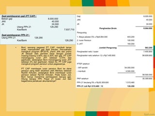 Contoh Kasus
• Boni, seorang pegawai PT CAP, menikah tanpa
anak, memperoleh gaji Rp8 jt/bulan. Perusahaan
mengikuti program BPJSTK, premi JKK dan premi
JK dibayar oleh pemberi kerja dengan jumlah
masing-masing 0,50% dan 0,30% dari gaji. PT CAP
menanggung iuran JHT sebesar 3,70% dari
gaji/bulan, sedangkan Boni menanggung iuran JHT
sebesar 2% dari gaji/bulan. Selain itu, PT CAP juga
mengikuti program pensiun untuk pegawainya.
•
PT CAP membayar iuran pensiun Boni ke dana
pensiun yang telah disahkan oleh Menkeu sebesar
Rp200 rb/bulan, sedangkan Boni membayar iuran
pensiun sebear Rp100 rb/bulan. Pada bulan Juli,
Boni hanya menerima pembayaran berupa gaji.
Hitung berapa PPh Pasal 21 bulan Juli dan
bagaimana perlakuan akuntansinya?
Gaji 8.000.000
JKK 40.000
JK 24.000
Penghasilan Bruto 8.064.000
Pengurang
1. Biaya jabatan 5% x Rp8.064.000 403.200
2. Iuran Pensiun 100.000
3. JHT 160.000
Jumlah Pengurang 663.200
Penghasilan neto / bulan 7.400.800
Penghasilan neto setahun 12 x Rp7.400.800 88.809.600
PTKP setahun
- WP sendiri 54.000.000
- menikah 4.500.000
58.500.000
PKP setahun 30.309.600
PPh 21 terutang 5% x Rp30.309.600 1.515.480
PPh 21 Juli Rp1.515.480 : 12 126.290
Saat pembayaran gaji (PT CAP) :
Beban gaji 8.000.000
JKK 40.000
JK 24.000
Utang PPh 21 126.290
Kas/Bank 7.937.710
Saat pembayaran PPh 21 :
Utang PPh 21 126.290
Kas/Bank 126.290
 