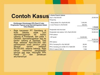 Contoh Kasus
• Raja karyawan PT Gemilang di
Kota Jakarta, sejak Juni
dipindahtugaskan ke kantor
cabang di Pontianak, dan pada 1
Oktober, dipindahtugaskan lagi ke
kantor cabang di Sambas. Gaji
Raja sebesar Rp5.000.000 dan
pembayaran iuran pensiun yang
dibayar sendiri sebesar
Rp100.000. selama bekerja, Raja
hanya menerima penghasilan
berupa gaji saja. Hitunglah PPh
Pasal 21 dan perlakuan
akuntansinya!
a. Kantor Pusat di Jakarta
Gaji 5 x Rp5.000.000 25.000.000
Pengurang
1. Biaya jabatan 5% x Rp25.000.000 1.250.000
2. Iuran Pensiun 5 x Rp100.000 500.000
1.750.000
Penghasilan neto lima bulan 23.250.000
Penghasilan neto setahun 12/5 x Rp23.250.000 55.800.000
PTKP setahun
- WP sendiri 54.000.000
54.000.000
PKP setahun 1.800.000
PPh 21 terutang 5% x Rp1.800.000 90.000
PPh 21 terutang Jan s/d Mei 5/12 x Rp90.000 37.500
PPh 21 / bulan 37.500 / 5 7.500
Perhitungan Pemotongan PPh Pasal 21 atas
Penghasilan Pegawai yang Dipindahtugaskan Dalam
Tahun Berjalan
 