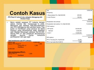 Contoh Kasus
• Berry adalah pegawai PT Lekang dengan
status menika dan mempunyai 3 anak.
Menerima gaji sebesar Rp6.500.000/bulan
dan PPh ditanggung oleh pemberi kerja. Tiap
bulan ia membayar uang pensiun ke Dana
Pensiun yang pendiriannya telah disahkan
oleh Menteri Keuangan sebesar Rp150.000.
Hitung PPh 21 dan perlakuan akuntansinya
dengan asumsi hanya menerima
pembayaran dari gaji saja!
Gaji 6.500.000
Pengurang
1. Biaya jabatan 5% x Rp6.500.000 325.000
2. Iuran Pensiun 150.000
425.000
Penghasilan neto sebulan 6.025.000
Penghasilan neto setahun 12 x Rp6.025.000 72.300.000
PTKP setahun
- WP sendiri 54.000.000
- Menikah 4.500.000
- Anak 3 13.500.000
72.000.000
PKP setahun 300.000
PPh 21 terutang 5% x Rp300.000 15.000
PPh 21 per bulan Rp15.000/12 1.250
PPh Pasal 21 seluruh atau sebagian ditanggung oleh
Pemberi Kerja
Saat pembayaran gaji (PT Lekang) :
Beban gaji 6.500.000
Beban PPh Pasal 21 1.250
Utang PPh 21 1.250
Kas/Bank
6.500.000
Saat pembayaran PPh 21 :
Utang PPh 21 1.250
Kas/Bank
1.250
 
