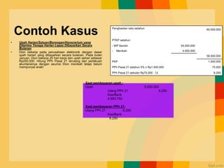 Contoh Kasus
• Upah Harian/Satuan/Borongan/Honorarium yang
Diterima Tenaga Harian Lepas Dibayarkan Secara
Bulanan
• Dion bekerja pada perusahaan elektronik dengan dasar
upah harian yang dibayarkan secara bulanan. Pada bulan
Januari, Dion bekerja 20 hari kerja dan upah sehari sebesar
Rp250.000. Hitung PPh Pasal 21 terutang dan perlakuan
akuntansinya dengan asumsi Dion menikah tetapi belum
mempunyai anak!
Saat pembayaran upah :
Upah 5.000.000
Utang PPh 21 6.250
Kas/Bank
4.993.750
Saat pembayaran PPh 21:
Utang PPh 21 6.250
Kas/Bank
6.250
Penghasilan neto setahun 60.000.000
PTKP setahun
- WP Sendiri 54.000.000
- Menikah 4.500.000
58.500.000
PKP 1.500.000
PPh Pasal 21 setahun 5% x Rp1.500.000 75.000
PPh Pasal 21 sebulan Rp75.000 : 12 6.250
 