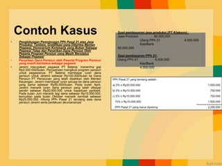 Contoh Kasus
• Penghitungan Pemotongan PPh Pasal 21 atas Jasa
Produksi, Tantiem, Gratifikasi yang Diterima Mantan
Pegawai, Honorarium Komisaris yang Bukan Sebagai
Pegawai Tetap dan Penarikan Dana Pensiun Oleh
Peserta Program Pensiun yang Masih Berstatus
Sebagai Pegawai
• Penarikan Dana Pensiun oleh Peserta Program Pensiun
yang masih berstatus sebagai pegawai
• Jeremi merupakan pegawai PT Baterai, menerima gaji
Rp2.000.000/bulan. Perusahaan mengikuti program pensiun
untuk pegawainya. PT Baterai membayar iuran dana
pensiun untuk Jeremii sebesar Rp100.000/bulan ke Dana
Pensiun PT Pensiunan yang telah disahkan oleh Menteri
Keuangan. Jeremi membayar iuran serupa ke dana pensiun
yang sama sebesar Rp50.000/bulan. Pada bulan April,
Jeremi menarik iuran dana pensiun yang telah dibayar
sendiri sebesar Rp20.000.000 untuk keperluan ppribadi.
Pada bulan Juni menarik lagi dana sebesar Rp15.000.000.
kemudian pada bulan Oktober menarik kembali sebesar
Rp25.000.000. Hitung PPh Pasal 21 terutang atas dana
pensiun Jeremi serta perlakuan akuntansinya!
Saat pembayaran jasa produksi (PT Klakson) :
Jasa Produksi 60.000.000
Utang PPh 21 4.000.000
Kas/Bank
56.000.000
Saat pembayaran PPh 21:
Utang PPh 21 4.000.000
Kas/Bank
4.000.000
PPh Pasal 21 yang terutang adalah :
a) 5% x Rp20.000.000 1.000.000
b) 5% x Rp15.000.000 750.000
c) 5% x Rp15.000.000 750.000
15% x Rp10.000.000 1.500.000
PPh Pasal 21 yang harus dipotong 2.250.000
 