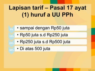 Lapisan tarif – Pasal 17 ayat
(1) huruf a UU PPh
5% • sampai dengan Rp50 juta
15% • Rp50 juta s.d Rp250 juta
25% • Rp250 juta s.d Rp500 juta
30% • Di atas 500 juta
 