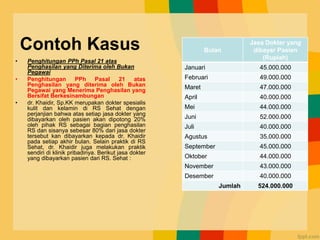 Contoh Kasus
• Penghitungan PPh Pasal 21 atas
Penghasilan yang Diterima oleh Bukan
Pegawai
• Penghitungan PPh Pasal 21 atas
Penghasilan yang diterima oleh Bukan
Pegawai yang Menerima Penghasilan yang
Bersifat Berkesinambungan
• dr. Khaidir, Sp.KK merupakan dokter spesialis
kulit dan kelamin di RS Sehat dengan
perjanjian bahwa atas setiap jasa dokter yang
dibayarkan oleh pasien akan dipotong 20%
oleh pihak RS sebagai bagian penghasilan
RS dan sisanya sebesar 80% dari jasa dokter
tersebut kan dibayarkan kepada dr. Khaidir
pada setiap akhir bulan. Selain praktik di RS
Sehat, dr. Khaidir juga melakukan praktik
sendiri di klinik pribadinya. Berikut jasa dokter
yang dibayarkan pasien dari RS. Sehat :
Bulan
Jasa Dokter yang
dibayar Pasien
(Rupiah)
Januari 45.000.000
Februari 49.000.000
Maret 47.000.000
April 40.000.000
Mei 44.000.000
Juni 52.000.000
Juli 40.000.000
Agustus 35.000.000
September 45.000.000
Oktober 44.000.000
November 43.000.000
Desember 40.000.000
Jumlah 524.000.000
 