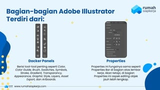 Bagian-bagian Adobe Illustrator
Terdiri dari:
Berisi tool-tool penting seperti Color,
Color Guide, Brush, Swatches, Symbols,
Stroke, Gradient, Transparancy,
Appearance, Graphic Style, Layers, Asset
Export, dan Artboards.
Docker Panels
Properties ini fungsinya sama seperti
Properties Bar di bagian atas lembar
kerja. Akan tetapi, di bagian
Properties ini aspek editing objek
jauh lebih lengkap.
Properties
www.rumahsiapkerja.com
 
