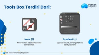 Menyatakan tidak ada warna
sama sekali.
Tools Box Terdiri Dari:
None (/)
Digunakan untuk mengaktifkan
palet gradient.
Gradient (>)
www.rumahsiapkerja.com
 