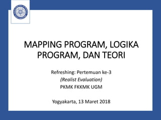 MAPPING PROGRAM, LOGIKA
PROGRAM, DAN TEORI
Refreshing: Pertemuan ke-3
(Realist Evaluation)
PKMK FKKMK UGM
Yogyakarta, 13 Maret 2018
 