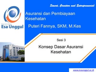 www.esaunggul.ac.id
Puteri Fannya, SKM, M.Kes
Sesi 3
Asuransi dan Pembiayaan
Kesehatan
Konsep Dasar Asuransi
Kesehatan
 