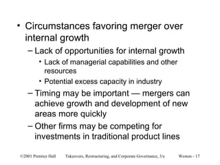 • Circumstances favoring merger over 
internal growth 
– Lack of opportunities for internal growth 
• Lack of managerial capabilities and other 
resources 
• Potential excess capacity in industry 
– Timing may be important — mergers can 
achieve growth and development of new 
areas more quickly 
– Other firms may be competing for 
investments in traditional product lines 
©2001 Prentice Hall Takeovers, Restructuring, and Corporate Governance, 3/e Weston - 17 
 