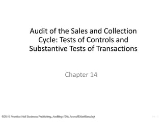 ©2010 Prentice Hall Business Publishing, Auditing 13/e, Arens//Elder/Beasley 14 - 1
©2010 Prentice Hall Business Publishing, Auditing 13/e, Arens/Elder/Beasley 14 - 1
Audit of the Sales and Collection
Cycle: Tests of Controls and
Substantive Tests of Transactions
Chapter 14
 