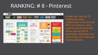 RANKING: # 8 - Pinterest
A rede tem mais de 70
milhões de users
cadastrados, com cerca de
80% de mulheres como
usuárias ativas. No Brasil,
temos apenas 8% da
população utilizando essa
rede social, 2% a mais que
no ano passado.
 