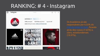 RANKING: # 4 - Instagram
Os brasileiros já são
responsáveis por 6.55% do
tráfego total da rede, ficando
atrás dos russos (7.65%) e,
claro, estadunidenses
(19.97%).
 