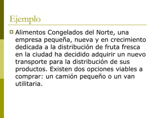 Ejemplo Alimentos Congelados del Norte, una empresa pequeña, nueva y en crecimiento dedicada a la distribución de fruta fresca en la ciudad ha decidido adquirir un nuevo transporte para la distribución de sus productos. Existen dos opciones viables a comprar: un camión pequeño o un van utilitaria. 