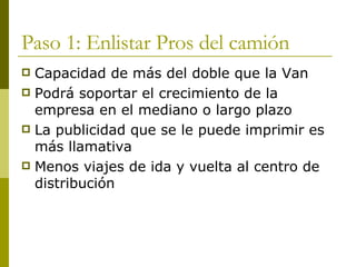 Paso 1: Enlistar Pros del camión Capacidad de más del doble que la Van Podrá soportar el crecimiento de la empresa en el mediano o largo plazo La publicidad que se le puede imprimir es más llamativa Menos viajes de ida y vuelta al centro de distribución 