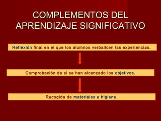 COMPLEMENTOS DELCOMPLEMENTOS DEL
APRENDIZAJE SIGNIFICATIVOAPRENDIZAJE SIGNIFICATIVO
Reflexión final en el que los alumnos verbalicen las experiencias.
Comprobación de si se han alcanzado los objetivos.
Recogida de materiales e higiene.
 