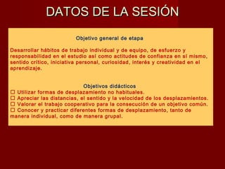 DATOS DE LA SESIÓNDATOS DE LA SESIÓN
Objetivo general de etapa
Desarrollar hábitos de trabajo individual y de equipo, de esfuerzo y
responsabilidad en el estudio así como actitudes de confianza en sí mismo,
sentido crítico, iniciativa personal, curiosidad, interés y creatividad en el
aprendizaje.
Objetivos didácticos
 Utilizar formas de desplazamiento no habituales.
 Apreciar las distancias, el sentido y la velocidad de los desplazamientos.
 Valorar el trabajo cooperativo para la consecución de un objetivo común.
 Conocer y practicar diferentes formas de desplazamiento, tanto de
manera individual, como de manera grupal.
 