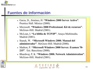 11
Fuentes de información
z Garza, D., Jiménez, H. “Windows 2000 Server Activo”.
Prentice Hall. México (2000).
z Microsoft. “Windows 2000 Professional. Kit de recursos”.
McGraw-Hill. Madrid (2001).
z McLean, I. “La biblia de TCP/IP”. Anaya Multimedia.
Madrid (2001).
z Stanek, W. “Microsoft Windows 2000. Manual del
administrador”. McGraw-Hill. Madrid (2000).
z Mathon, P. “Microsoft Windows 2000 Server. Examen 70-
215”. Eni. Barcelona (2000).
z Bhardwaj, P, K. “Windows 2000. Network Administration”.
McGraw-Hill. Madrid (2001).
 