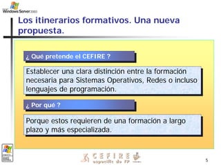 5
Los itinerarios formativos. Una nueva
propuesta.
¿ Qué pretende el CEFIRE ?
¿ Qué pretende el CEFIRE ?
Establecer una clara distinción entre la formación
necesaria para Sistemas Operativos, Redes o incluso
lenguajes de programación.
Establecer una clara distinción entre la formación
necesaria para Sistemas Operativos, Redes o incluso
lenguajes de programación.
¿ Por qué ?
¿ Por qué ?
Porque estos requieren de una formación a largo
plazo y más especializada.
Porque estos requieren de una formación a largo
plazo y más especializada.
 