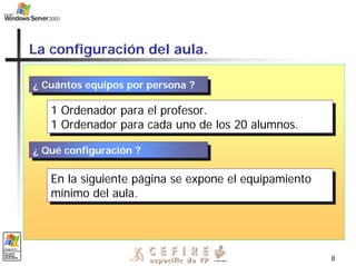 8
La configuración del aula.
¿ Cuántos equipos por persona ?
¿ Cuántos equipos por persona ?
1 Ordenador para el profesor.
1 Ordenador para cada uno de los 20 alumnos.
1 Ordenador para el profesor.
1 Ordenador para cada uno de los 20 alumnos.
¿ Qué configuración ?
¿ Qué configuración ?
En la siguiente página se expone el equipamiento
mínimo del aula.
En la siguiente página se expone el equipamiento
mínimo del aula.
 