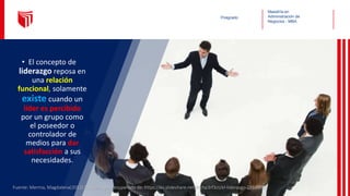 Maestría en
Administración de
Negocios - MBA
Posgrado
• El concepto de
liderazgo reposa en
una relación
funcional, solamente
existe cuando un
líder es percibido
por un grupo como
el poseedor o
controlador de
medios para dar
satisfacción a sus
necesidades.
Fuente: Merma, Magdalena(2012).El Liderazgo. Recuperado de: https://es.slideshare.net/Richp3rf3ct/el-liderazgo-28100886
 