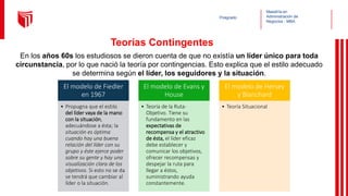 Maestría en
Administración de
Negocios - MBA
Posgrado
Teorías Contingentes
En los años 60s los estudiosos se dieron cuenta de que no existía un líder único para toda
circunstancia, por lo que nació la teoría por contingencias. Esto explica que el estilo adecuado
se determina según el líder, los seguidores y la situación.
El modelo de Fiedler
en 1967
• Propugna que el estilo
del líder vaya de la mano
con la situación,
adecuándose a ésta; la
situación es óptima
cuando hay una buena
relación del líder con su
grupo y éste ejerce poder
sobre su gente y hay una
visualización clara de los
objetivos. Si esto no se da
se tendrá que cambiar al
líder o la situación.
El modelo de Evans y
House
• Teoría de la Ruta-
Objetivo. Tiene su
fundamento en las
expectativas de
recompensa y el atractivo
de ésta, el líder eficaz
debe establecer y
comunicar los objetivos,
ofrecer recompensas y
despejar la ruta para
llegar a éstos,
suministrando ayuda
constantemente.
El modelo de Hersey
y Blanchard
• Teoría Situacional
 