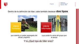 Maestría en
Administración de
Negocios - MBA
Posgrado
Dentro de la definición de líder, cabe también destacar dos tipos
Líderes
Formales
Líderes
informales
cuyo poder le viene del grupo que
le apoya
que ostenta un poder segregado del
oficial y legítimo
Y tú ¿Qué tipo de líder eres?
 