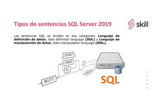 Tipos de sentencias SQL Server 2019
Las sentencias SQL se dividen en dos categorías; Lenguaje de
definición de datos; data definition language (DDL) y Lenguaje de
manipulación de datos ;data manipulation language (DML).
 