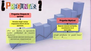 Preguntas Objetivas
Preguntas Chequeo de
opciones
¿Por qué medios le agradaría
recibir publicidad de nuestro
producto?
TELEVISOR-REDES SOCIALES-
REVISTAS- PERIÓDICOS
¿Cuál producto le gustó más?
A____ B____
Buscan conocer un hecho,
usualmente en el
mercadeo
Permite elegir varias
respuestas dentro de las
opciones.
 