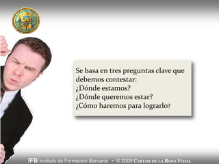 Se basa en tres preguntas clave que 
                   debemos contestar:
                   ¿Dónde estamos?
                   ¿Dónde queremos estar?
                   ¿Cómo haremos para lograrlo?




IFB Instituto de Formación Bancaria • © 2009 CARLOS DE LA ROSA VIDAL
 