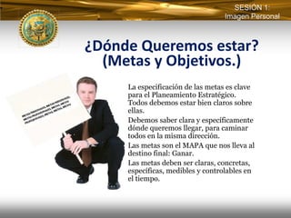 SESIÓN 1:
                                  Imagen Personal



¿Dónde Queremos estar?
  (Metas y Objetivos.)
     La especificación de las metas es clave
     para el Planeamiento Estratégico.
     Todos debemos estar bien claros sobre
     ellas.
     Debemos saber clara y específicamente
     dónde queremos llegar, para caminar
     todos en la misma dirección.
     Las metas son el MAPA que nos lleva al
     destino final: Ganar.
     Las metas deben ser claras, concretas,
     específicas, medibles y controlables en
     el tiempo.
 
