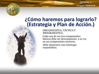SESIÓN 1:
                                    Imagen Personal




¿Cómo haremos para lograrlo?
 (Estrategia y Plan de Acción.)
       ORGANIZATIVA, TÁCTICA Y
       PROGRAMÁTICA.
       Cada uno de sus tres componentes
       básicos debe ser descompuesto a su vez
       en sus componentes menores.
       Debe plantearse una estrategia
       esquemática.
 