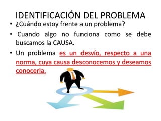 IDENTIFICACIÓN DEL PROBLEMA
• ¿Cuándo estoy frente a un problema?
• Cuando algo no funciona como se debe
buscamos la CAUSA.
• Un problema es un desvío, respecto a una
norma, cuya causa desconocemos y deseamos
conocerla.
 