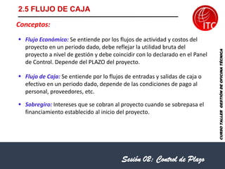 CURSO
TALLER
GESTIÓN
DE
OFICINA
TÉCNICA
2.5 FLUJO DE CAJA
Conceptos:
▪ Flujo Económico: Se entiende por los flujos de actividad y costos del
proyecto en un periodo dado, debe reflejar la utilidad bruta del
proyecto a nivel de gestión y debe coincidir con lo declarado en el Panel
de Control. Depende del PLAZO del proyecto.
▪ Flujo de Caja: Se entiende por lo flujos de entradas y salidas de caja o
efectivo en un periodo dado, depende de las condiciones de pago al
personal, proveedores, etc.
▪ Sobregiro: Intereses que se cobran al proyecto cuando se sobrepasa el
financiamiento establecido al inicio del proyecto.
Sesión 02: Control de Plazo
 