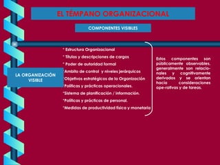 EL TÉMPANO ORGANIZACIONAL COMPONENTES VISIBLES Estructura Organizacional Títulos y descripciones de cargos Poder de autoridad formal Ambito de control  y niveles jerárquicos Objetivos estratégicos de la Organización Políticas y prácticas operacionales. Sistema de planificación / información. Políticas y prácticas de personal. Medidas de productividad física y monetaria LA ORGANIZACIÓN VISIBLE Estos componentes son públicamente observables, generalmente son relacio-nales y cognitivamente derivados y se orientan hacía consideraciones ope-rativas y de tareas. 