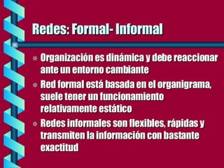 Redes: Formal- Informal Organización es dinámica y debe reaccionar ante un entorno cambiante Red formal está basada en el organigrama, suele tener un funcionamiento relativamente estático Redes informales son flexibles, rápidas y transmiten la información con bastante exactitud 