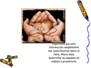 Esperamos que esta información complemente sus conocimientos sobre el tema. Ahora debe desarrollar su esquema de análisis y presentarlo 