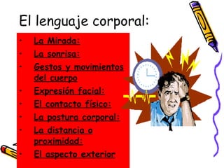 El lenguaje corporal: La Mirada: La sonrisa: Gestos y movimientos del cuerpo Expresión facial: El contacto físico: La postura corporal: La distancia o proximidad: El aspecto exterior 