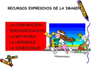 RECURSOS EXPRESIVOS DE LA IMAGEN   LA COMPARACION:  PERSONIFICACION LA METAFORA:  LA HIPERBOLE:  LA SINECDOQUE: 
