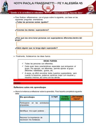  Para finalizar reflexionamos con el grupo sobre lo siguiente, con base en las
siguientes preguntas orientadoras.
¿Todas las personas somos iguales?
¿Tenemos los mismos superpoderes?
¿Para qué nos sirve tener personas con superpoderes diferentes dentro del
grupo?
¿Habrá alguien que no tenga algún superpoder?
 Finalmente, fortalecemos las ideas fuerza.
IDEAS FUERZA
 Todas las personas son diferentes.
 Cada quien tiene características especiales que enriquecen al
grupo. Por ejemplo, ser diferentes, permite aportar al grupo
diferentes habilidades, gustos, etc.
 A veces, es difícil encontrar todos nuestros superpoderes, pero
cuando lo hacemos, podemos sentirnos mejor con nosotras y
nosotros mismos, así como con los demás.
CIERRE
Reflexiono sobre mis aprendizajes
 Ahora te invitamos a reflexionar sobre lo aprendido. Para hacerlo completala siguiente
tabla:
Mis aprendizajes Lo logré Lo estoy
intentando
¿Qué necesito
mejorar?
Participaron en las actividades
propuestas.
Identifique mis super poderes .
Reconocí la importancia de
reconocer mis fortalezas.
 