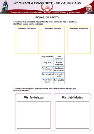 FICHAS DE APOYO
1. Clasifica tus fortalezas, recuerda esto no es calificado más te ayudará a
identificar cuales son tu fortalezas.
2. Una fortaleza significa algo que haces bien. Una debilidad es algo que
necesitas mejorar.
Fortaleza de carácter Fortaleza de social Fortaleza en talentos
Soy honesto Soy
cariñoso
Soy leal Puedo
compartir
Me esfuerzo por
hacer amigos
Soy bueno
escuchando
Soy creativo Puedo bailar o
cantar
Puedo hacer
deporte
Soy amable
Mis fortalezas Mis debilidades
 