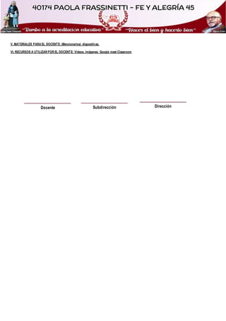 V. MATERIALES PARA EL DOCENTE: (Mencionarlos) diapositivas,
VI. RECURSOS A UTILIZAR POR EL DOCENTE: Videos, imágenes, Google meet Classroom
Docente Subdirección Dirección
 