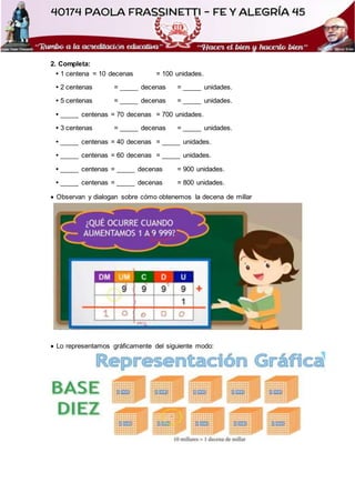 2. Completa:
• 1 centena = 10 decenas = 100 unidades.
• 2 centenas = _____ decenas = _____ unidades.
• 5 centenas = _____ decenas = _____ unidades.
• _____ centenas = 70 decenas = 700 unidades.
• 3 centenas = _____ decenas = _____ unidades.
• _____ centenas = 40 decenas = _____ unidades.
• _____ centenas = 60 decenas = _____ unidades.
• _____ centenas = _____ decenas = 900 unidades.
• _____ centenas = _____ decenas = 800 unidades.
 Observan y dialogan sobre cómo obtenemos la decena de millar
 Lo representamos gráficamente del siguiente modo:
 
