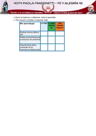  Ahora te invitamos a reflexionar sobre lo aprendido.
 Para hacerlo completa la siguiente tabla:
Mis aprendizajes Lo logré Lo estoy
intentan
do
¿Qué
necesito
mejorar?
Expliqué como se utiliza el
TVP
Planteé procedimientos para
la resolución del problemas
Presenté ideas claras y
coherentes de los
momentos de trabajo grupal
 