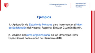 Metodología de
la Investigación
Científica
Programa de Investigación
Formativa
Ejemplos
2.- Análisis del clima organizacional en las Orquestas Show
Espectáculos de la ciudad de Chimbote-2018.
1.- Aplicación de Estudio de Métodos para incrementar el Nivel
de Satisfacción del Hospital Regional Eleazar Guzmán Barrón.
 