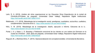 Metodología de
la Investigación
Científica
Programa de Investigación
Formativa
León, D. A. (2018). Análisis del clima organizacional en las Orquestas Show Espectáculos de la ciudad de
Chimbote-2018.[tesis de pregrado, Universidad César Vallejo]. Repositorio Digital Institucional.
https://hdl.handle.net/20.500.12692/19141
Maldonado, J. E. (2018). Metodología de la investigación social: paradigmas: cuantitativo, sociocrítico, cualitativo,
complementario. Ediciones de la U.. https://www.ebooks7-24.com:443/?il=8043
Niño, V. M. (2019). Metodología de la investigación: diseño, ejecución e informe. Ediciones de la U..
https://www.ebooks7-24.com:443/?il=9546
Portal, J. A. y Solon, L. D. Branding y Fidelización emocional de los clientes en una cadena de Gimnasio en la
ciudad de Chimbote - 2020. [tesis de pregrado, Universidad César Vallejo]. Repositorio Digital Institucional.
https://hdl.handle.net/20.500.12692/64224
Reguant, M., y Martínez-Olmo, F. (2014). Operacionalización de conceptos/variables. Universidad de Barcelona.
 