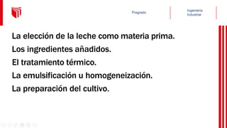 La elección de la leche como materia prima.
Los ingredientes añadidos.
El tratamiento térmico.
La emulsificación u homogeneización.
La preparación del cultivo.
 
