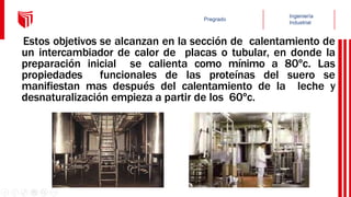Estos objetivos se alcanzan en la sección de calentamiento de
un intercambiador de calor de placas o tubular, en donde la
preparación inicial se calienta como mínimo a 80ºc. Las
propiedades funcionales de las proteínas del suero se
manifiestan mas después del calentamiento de la leche y
desnaturalización empieza a partir de los 60ºc.
 