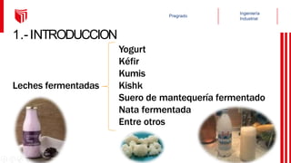 1.-INTRODUCCION
Leches fermentadas
Yogurt
Kéfir
Kumis
Kishk
Suero de mantequería fermentado
Nata fermentada
Entre otros
 