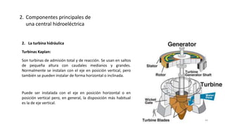 2. La turbina hidráulica
Turbinas Kaplan:
Son turbinas de admisión total y de reacción. Se usan en saltos
de pequeña altura con caudales medianos y grandes.
Normalmente se instalan con el eje en posición vertical, pero
también se pueden instalar de forma horizontal o inclinada.
Puede ser instalada con el eje en posición horizontal o en
posición vertical pero, en general, la disposición más habitual
es la de eje vertical.
2. Componentes principales de
una central hidroeléctrica
44
 