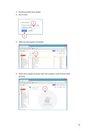 5
3. Escribir el nombre de la carpeta
4. Clic en crear
5. Doble clic para ingresar a la carpeta
6. Dentro de la carpeta se puede crear más carpetas o subir archivos (subir
archivos)
3
1
4
1
5
6
 